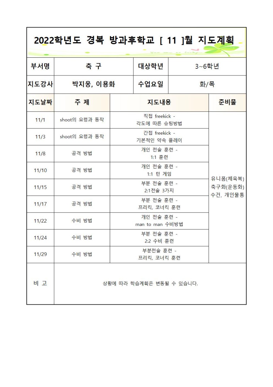 2022 방과 후 학교 축구부 2학기 월별 지도계획(화,목 - 3~6학년)003.jpg