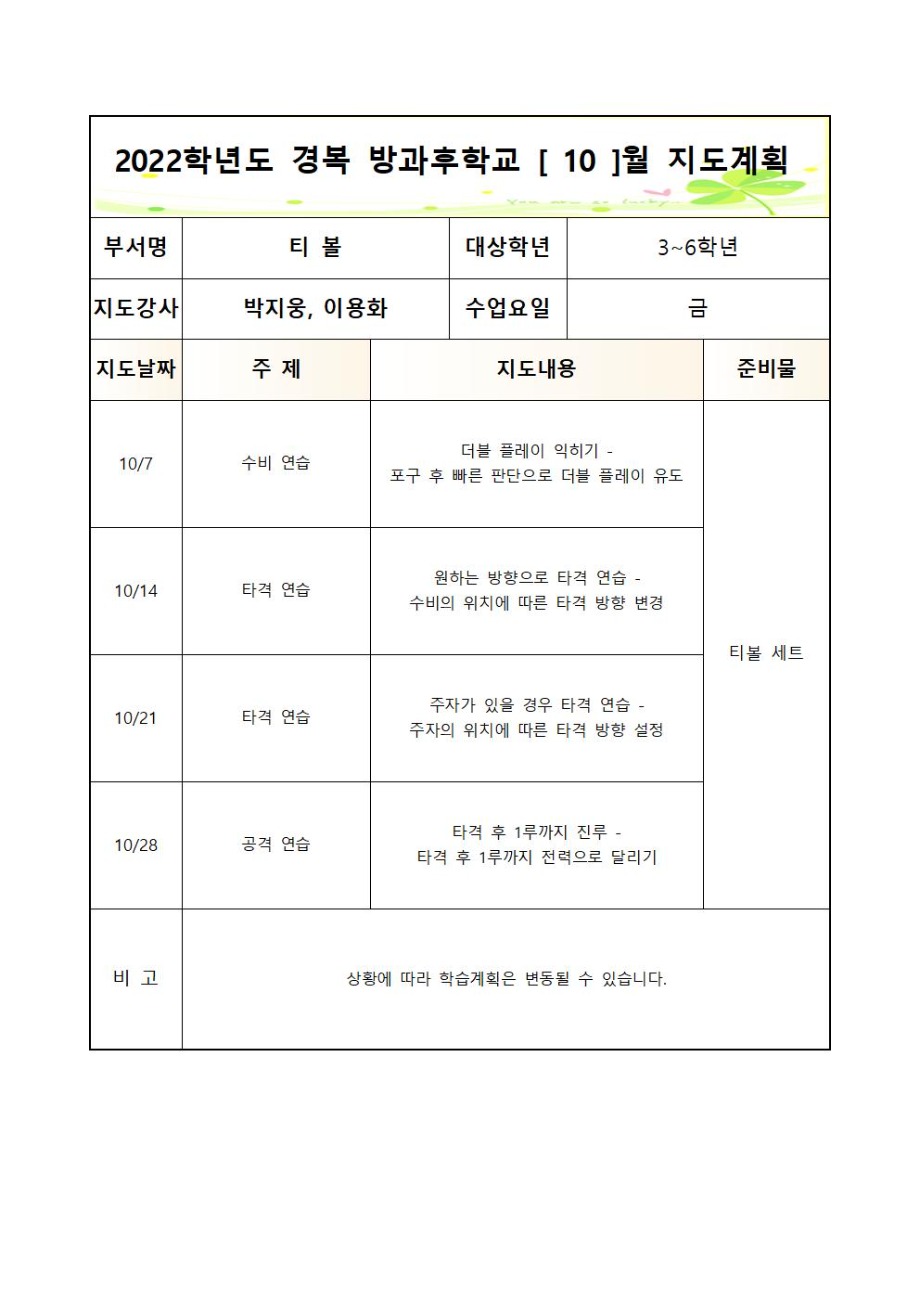 2022 방과 후 학교 티볼부 2학기 월별 지도계획(금 - 3~6학년)002.jpg